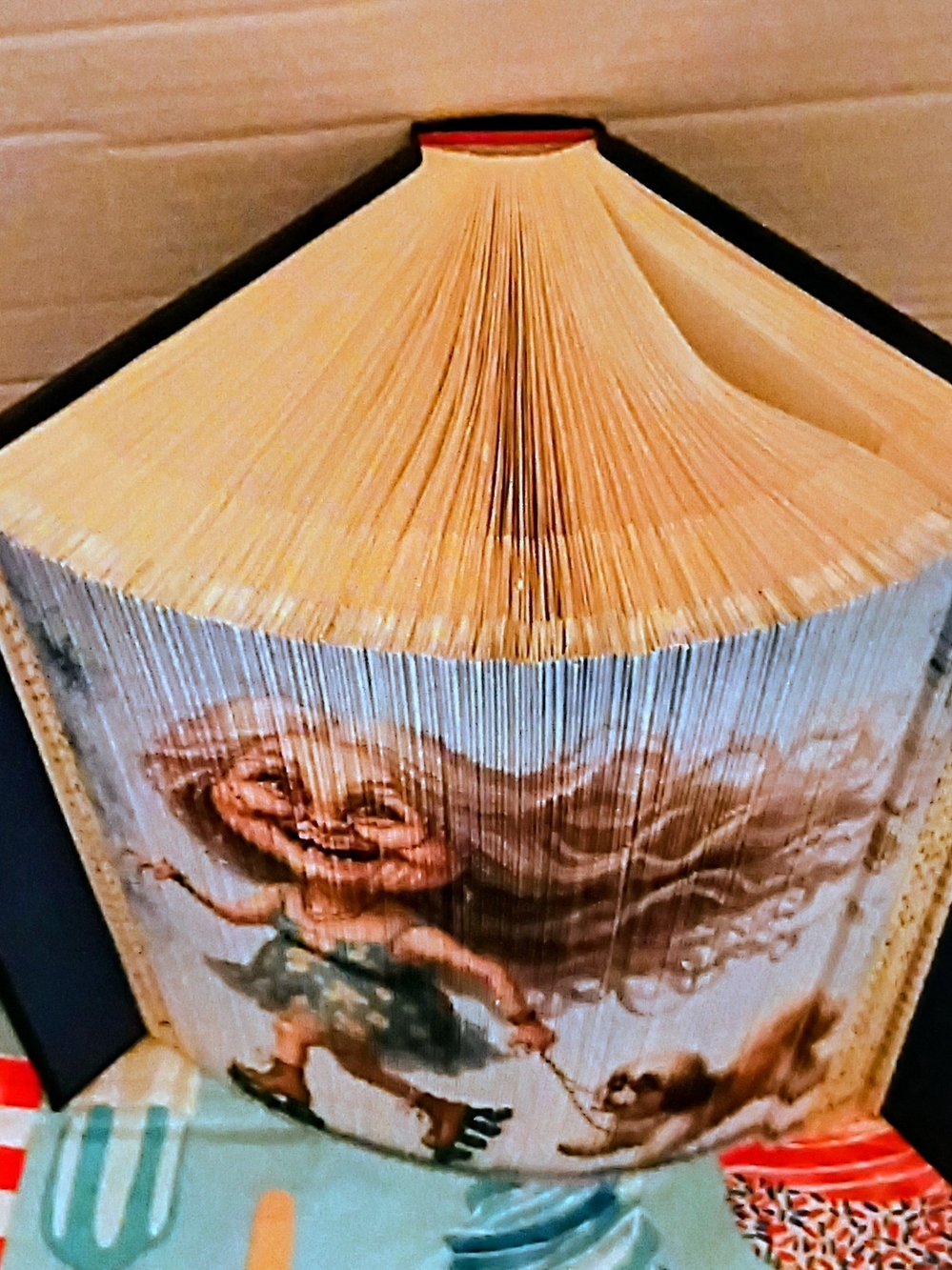 Folded Book Art with Girl and Dog Illustration - Beige Pages